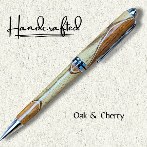 Handcrafted Cherry & Oak Wood Click Pen Retro Curve Mod 60s Vibe USA Made - Picture 1 of 7